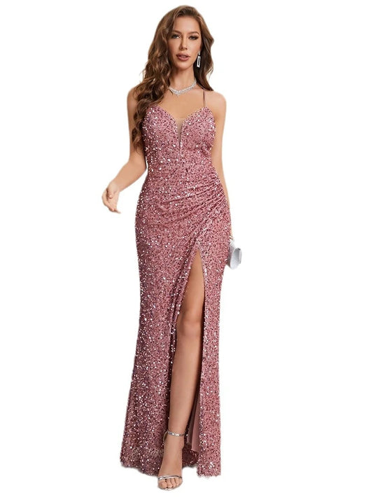 2024 V-neck Spaghatti Straps Sequined Formal Evening Prom Dress