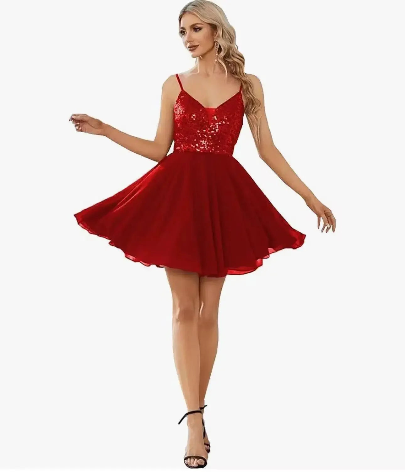 Spaghetti Straps V-neck Sequined Short Prom Homecoming Dress