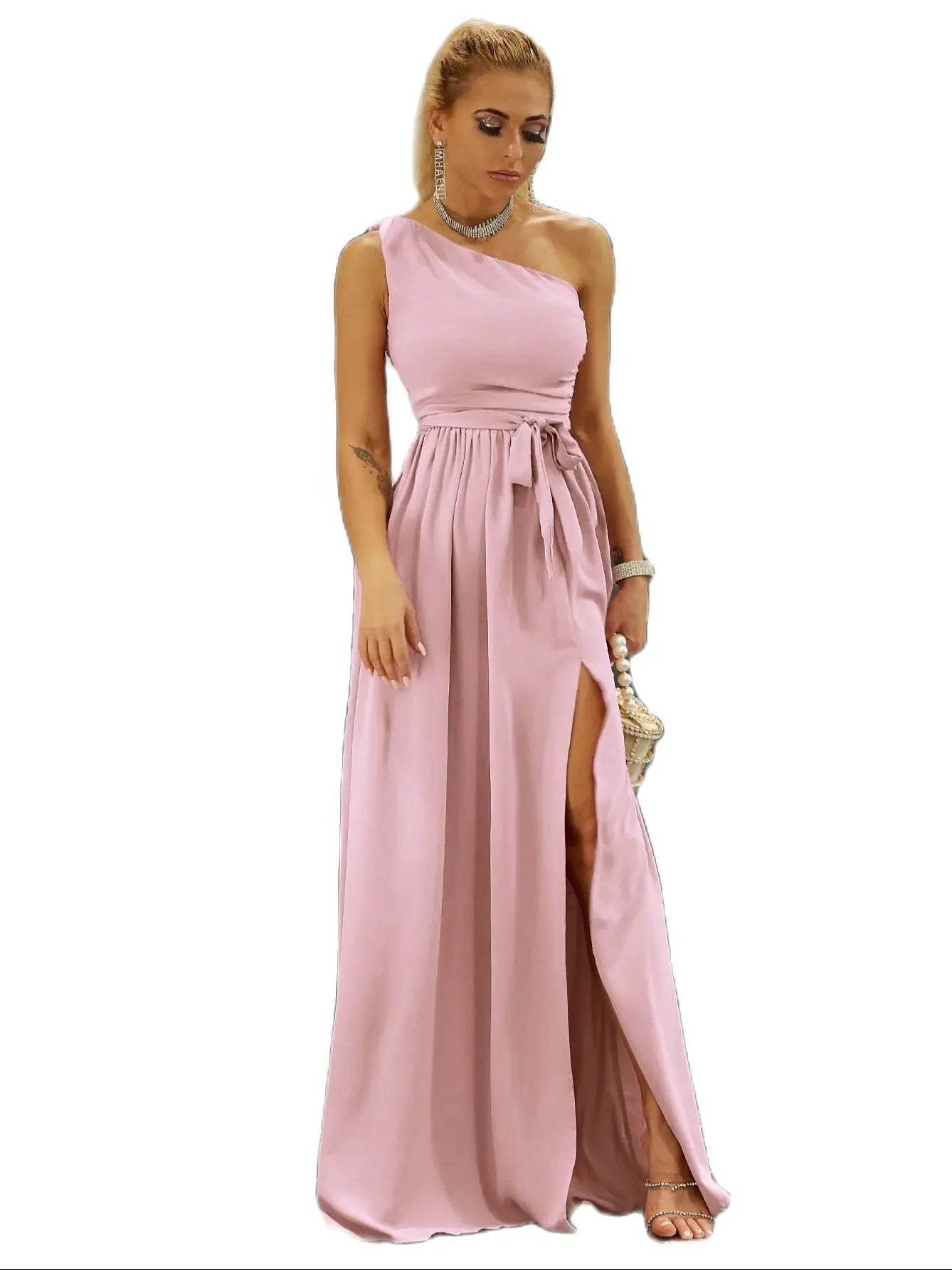 Solid Color One Shoulder Lace Up Long Formal Evening Dress