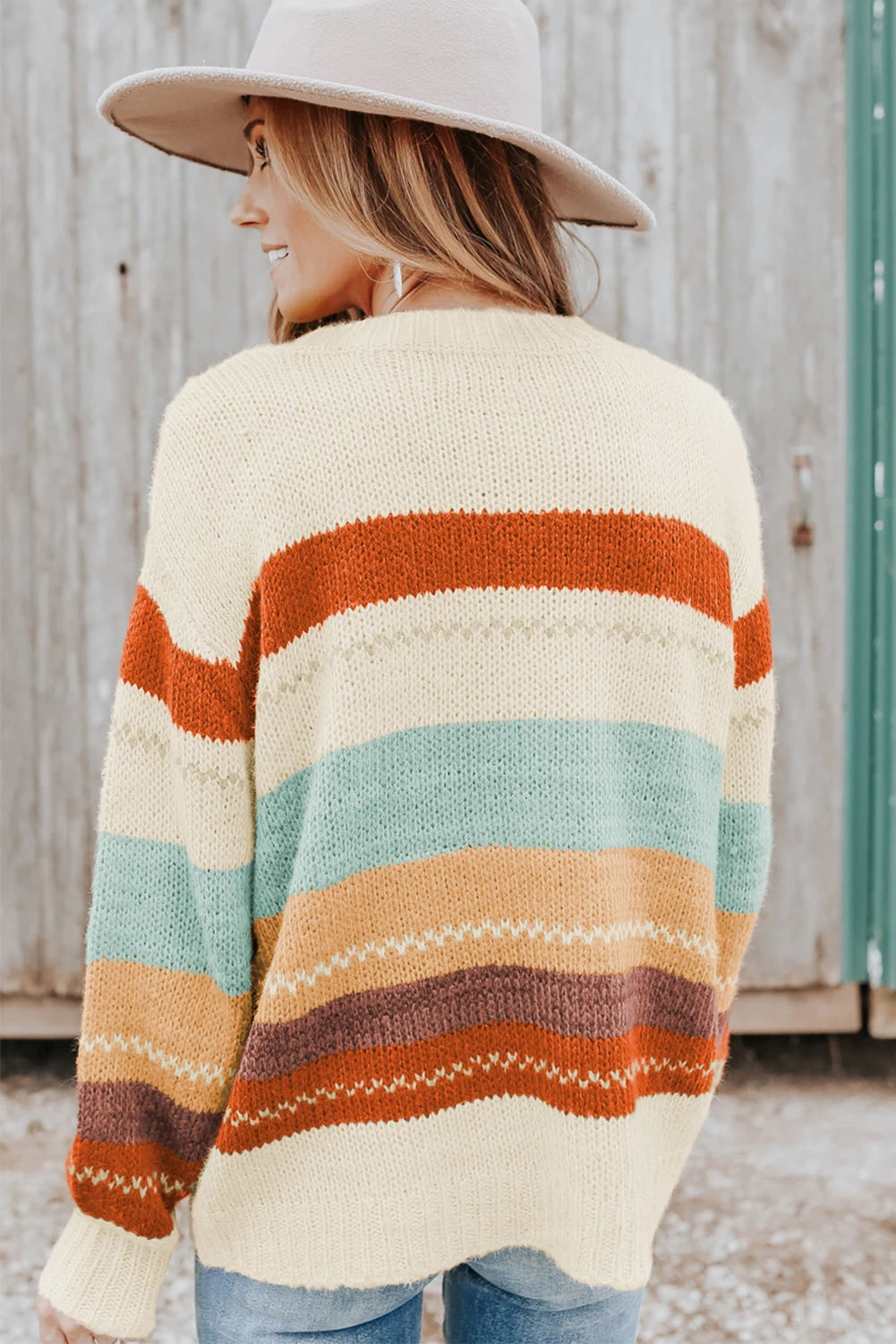 Crew Neck Drop-shoulder Striped Color Block Sweater