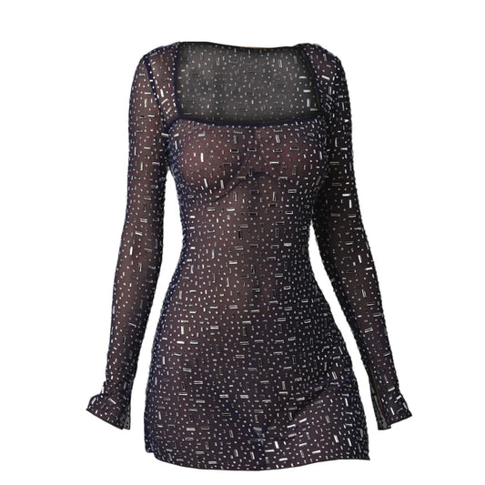 Sequins Diamonds Sexy Semi-perspective Long-sleeved Short Dress