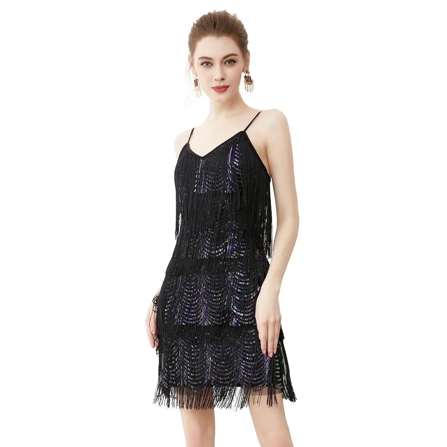 Sequined Fringed Party Sexy V-neck Latin Dance Dress