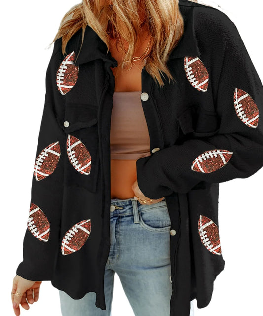 Sequined Rugby Flap Pockets Buttoned Shacket