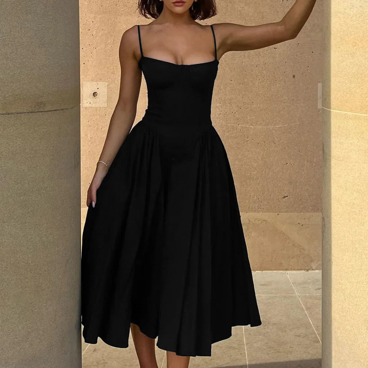 Sexy Backless Sweetheart Spaghetti Straps Ruched Tea Length Dress