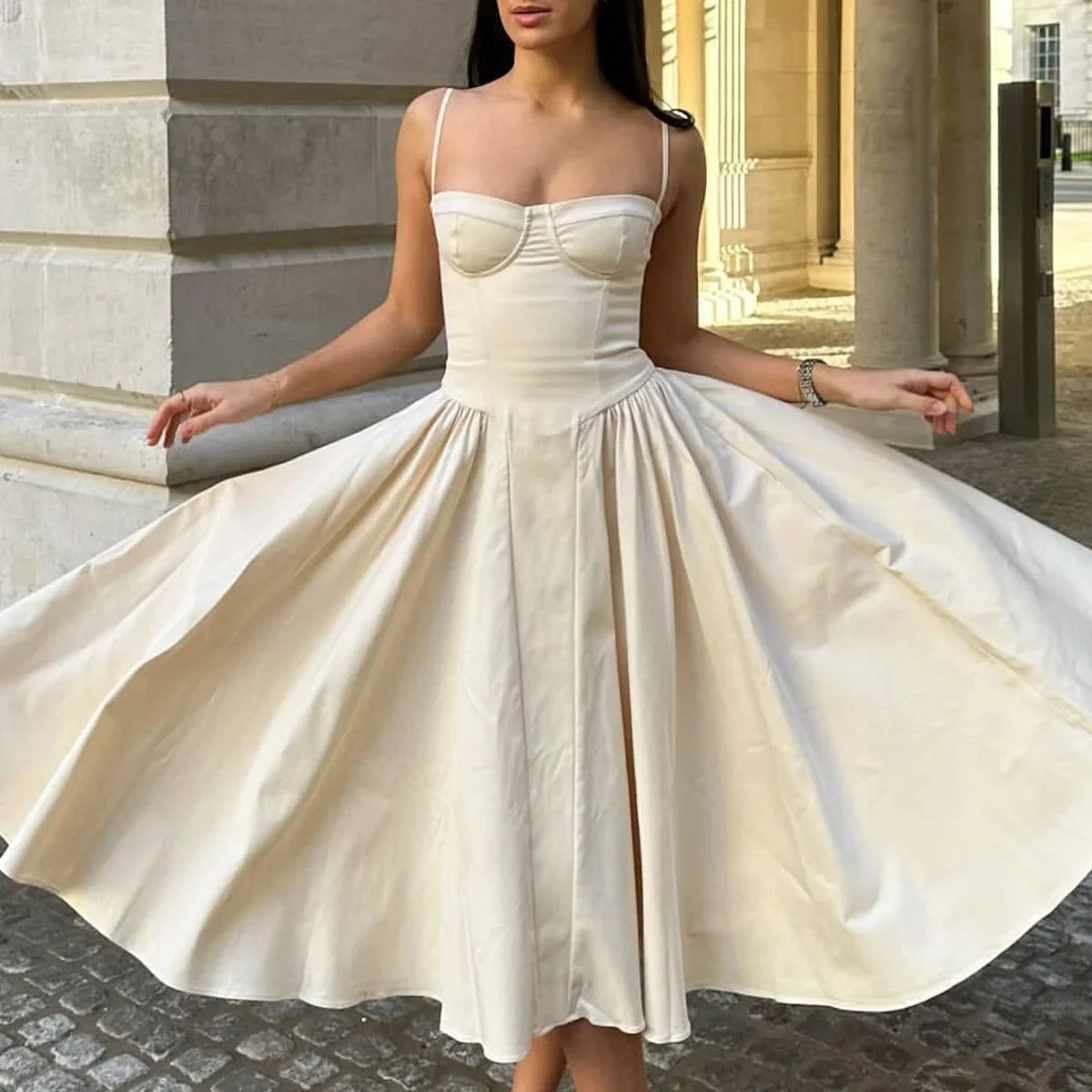 Sexy Backless Sweetheart Spaghetti Straps Ruched Tea Length Dress