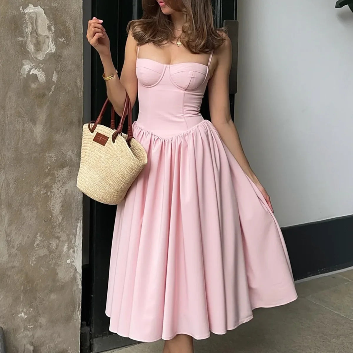 Sexy Backless Sweetheart Spaghetti Straps Ruched Tea Length Dress