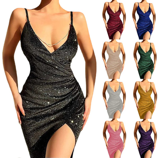 Sexy Glitter Open Back Spaghetti Straps High Split Deep V-neck Knee Length Club Dress