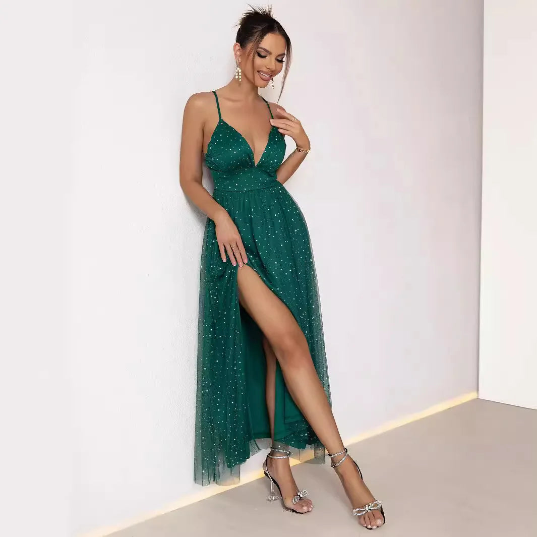 Sexy Mesh Spaghetti Straps Split V-neck Backless Dress