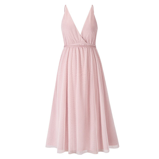 Sexy Mesh V-neck Backless Tee Length Prom Bridesmaid Dress