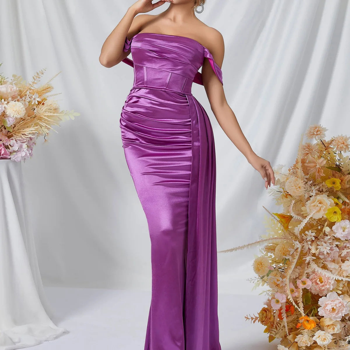 Sexy Off Shoulder Open Back Ruched Long Formal Evening Dress Purple