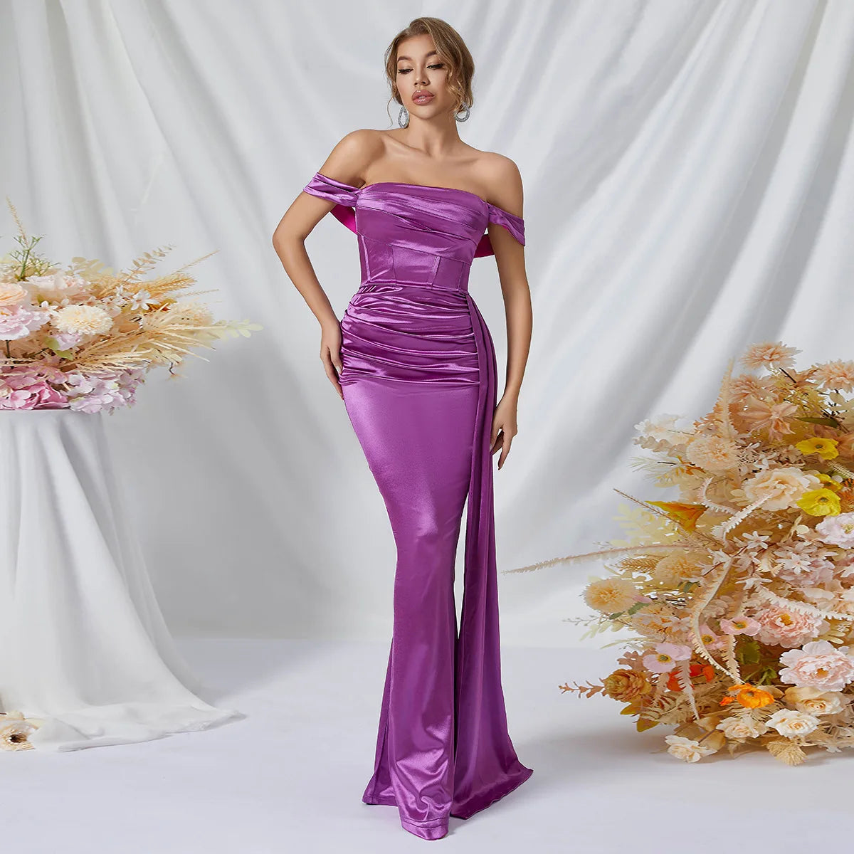 Sexy Off Shoulder Open Back Ruched Long Formal Evening Dress Purple