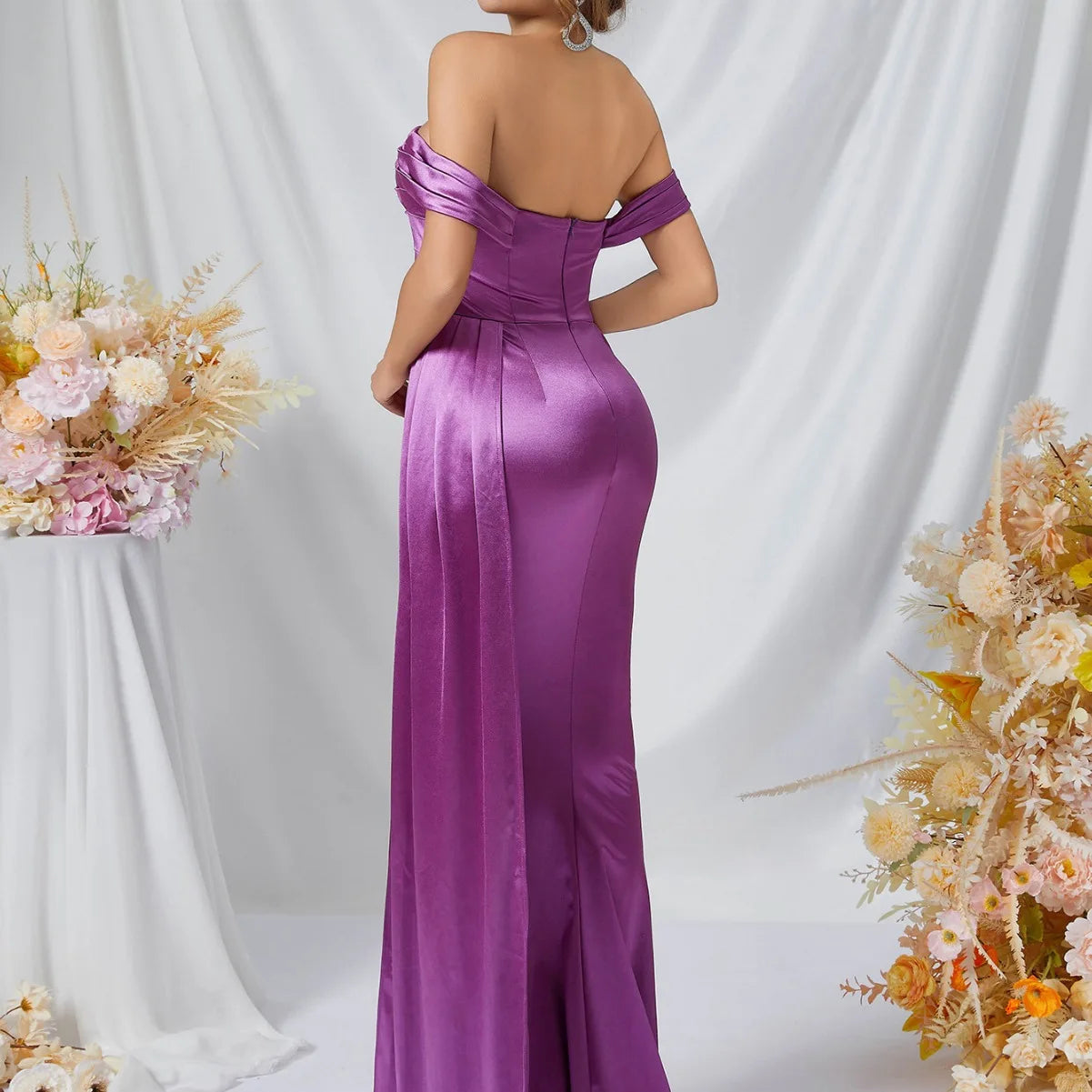 Sexy Off Shoulder Open Back Ruched Long Formal Evening Dress Purple