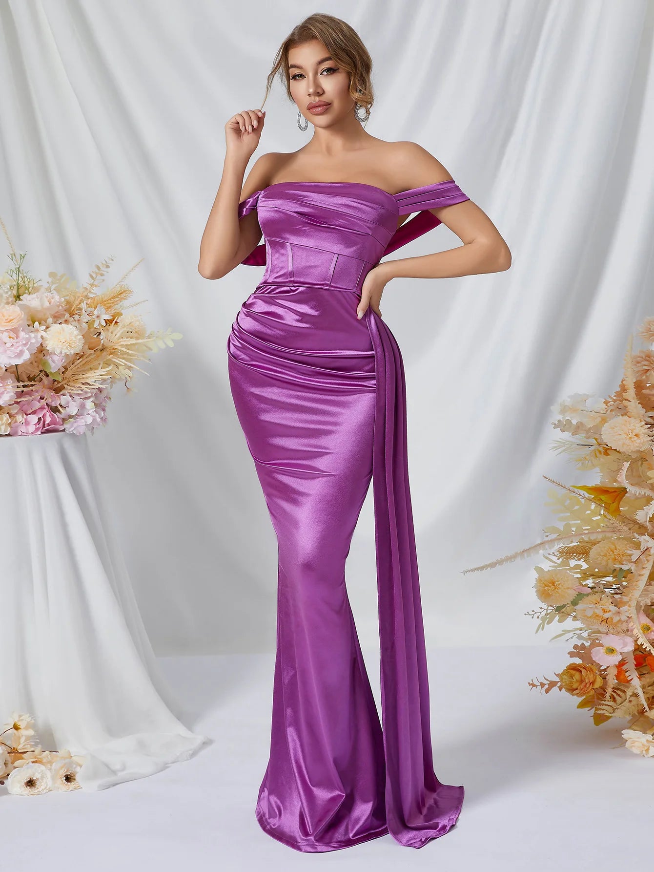 Sexy Off Shoulder Open Back Ruched Long Formal Evening Dress Purple