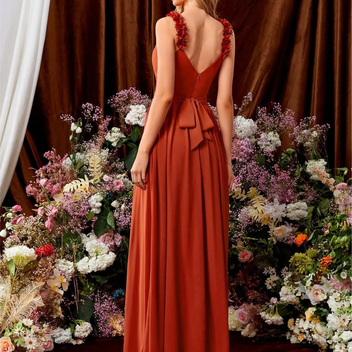 Sexy Pleated Backless Spaghetti Flowers Straps Bridesmaid Party Long Dress Orange