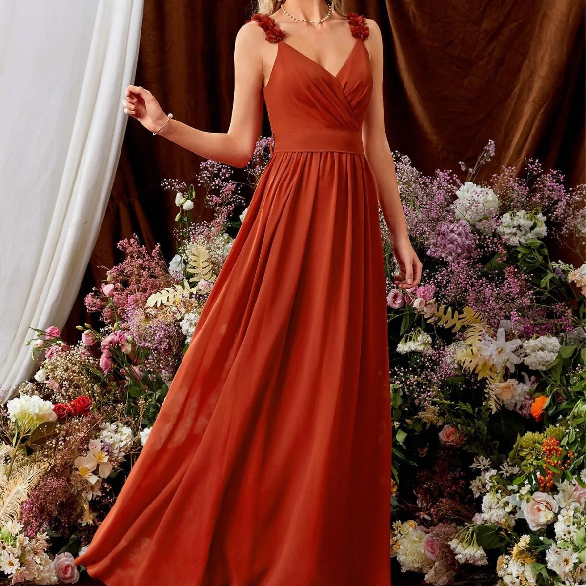 Sexy Pleated Backless Spaghetti Flowers Straps Bridesmaid Party Long Dress Orange