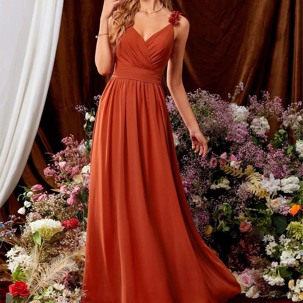 Sexy Pleated Backless Spaghetti Flowers Straps Bridesmaid Party Long Dress Orange