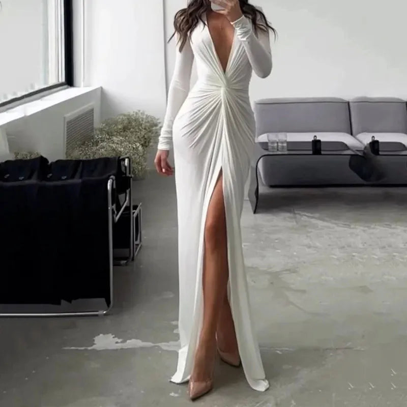 Sexy Ruched High Slit Deep V-neck Long-sleeved Solid Slim Long Evening Dress