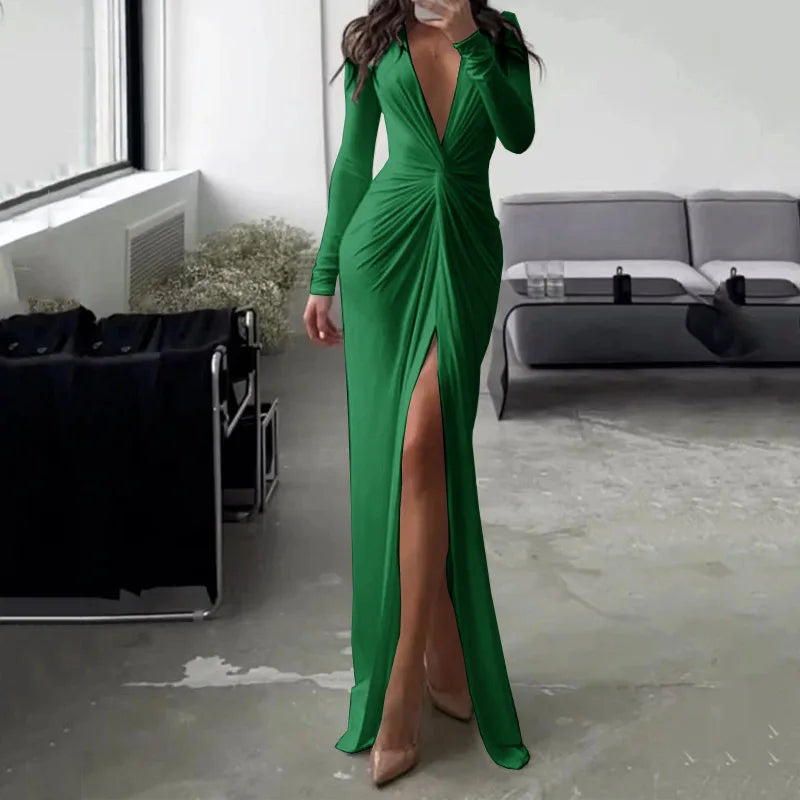 Sexy Ruched High Slit Deep V-neck Long-sleeved Solid Slim Long Evening Dress