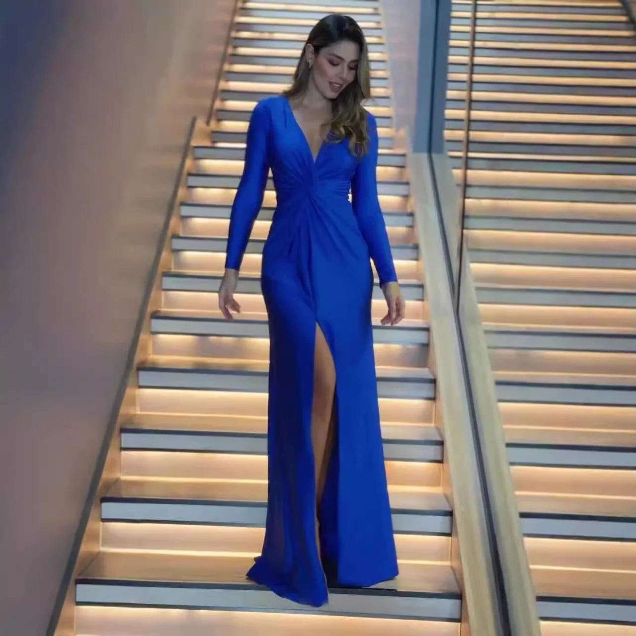 Sexy Ruched High Slit Deep V-neck Long-sleeved Solid Slim Long Evening Dress