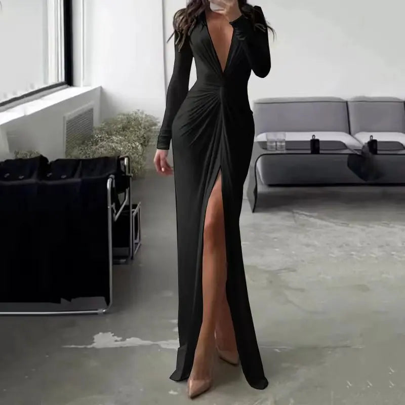 Sexy Ruched High Slit Deep V-neck Long-sleeved Solid Slim Long Evening Dress