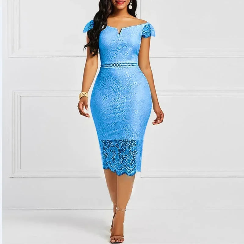 Sexy Sheer Lace Embroidery V-neck Slash Neck Off Shoulder Knee Length Dress