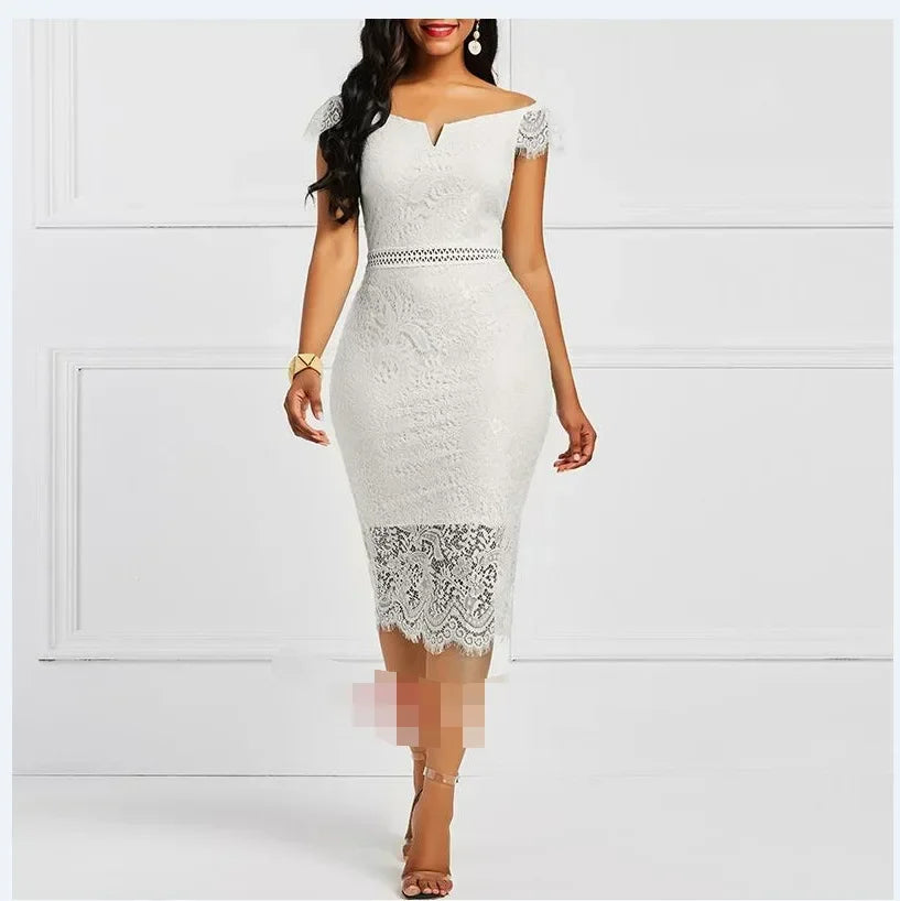 Sexy Sheer Lace Embroidery V-neck Slash Neck Off Shoulder Knee Length Dress