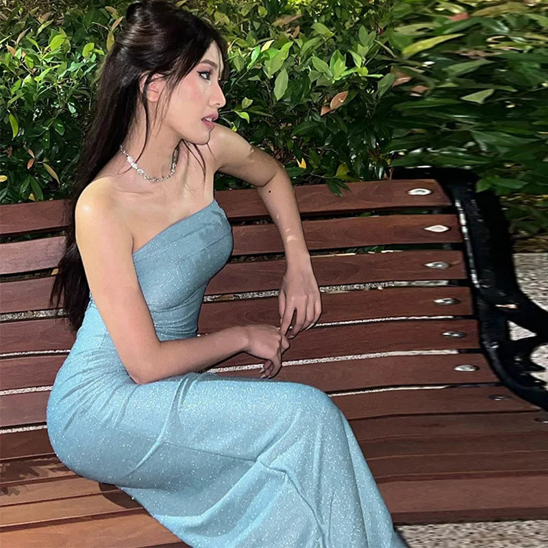 Sexy Slim Blue Strapless Long Dress