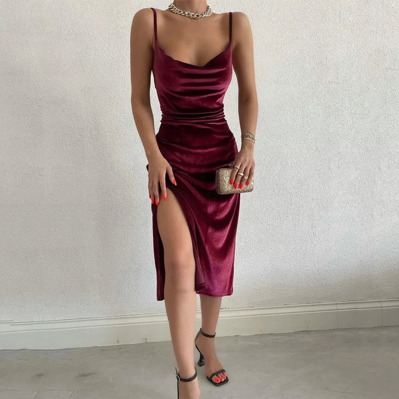 Sexy Slim Spaghetti Straps Split Cocktail Party Dress