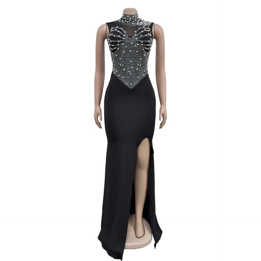 Sexy Solid Color Mesh Beading Sleeveless High Split Long Formal Evening Dress