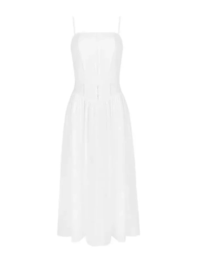 Sexy Spaghetti Straps Open Back Slim Medium and Long Fashionable White Dress