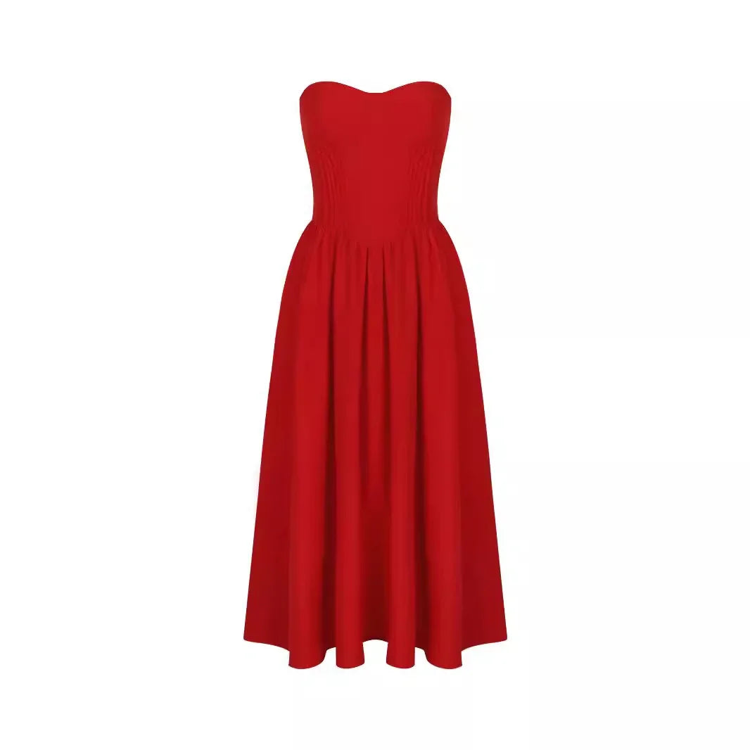 Sexy Strapless Tube Top Ruched Open Back Tea Length Prom Party Dress Red