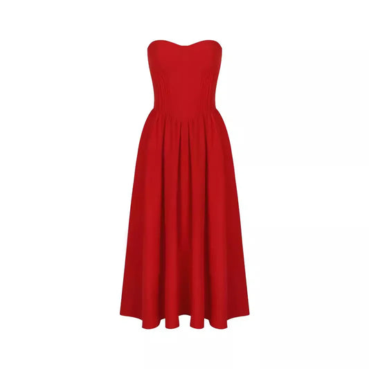 Sexy Strapless Tube Top Ruched Open Back Tea Length Prom Party Dress Red