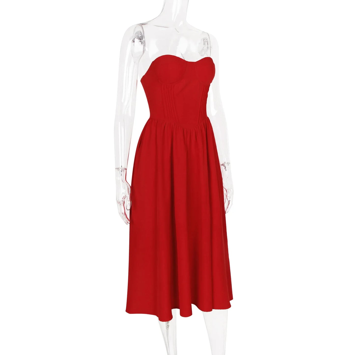 Sexy Strapless Tube Top Ruched Open Back Tea Length Prom Party Dress Red