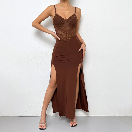 Sexy Sweetheart Spaghetti Strap High Waist Slim Split Lace Sheer Long Dress with Bra