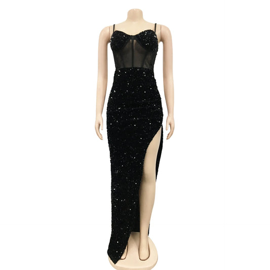 Sexy Sweetheart Spaghetti Straps Mesh Perspective Irregular Split Sequined Long Dress