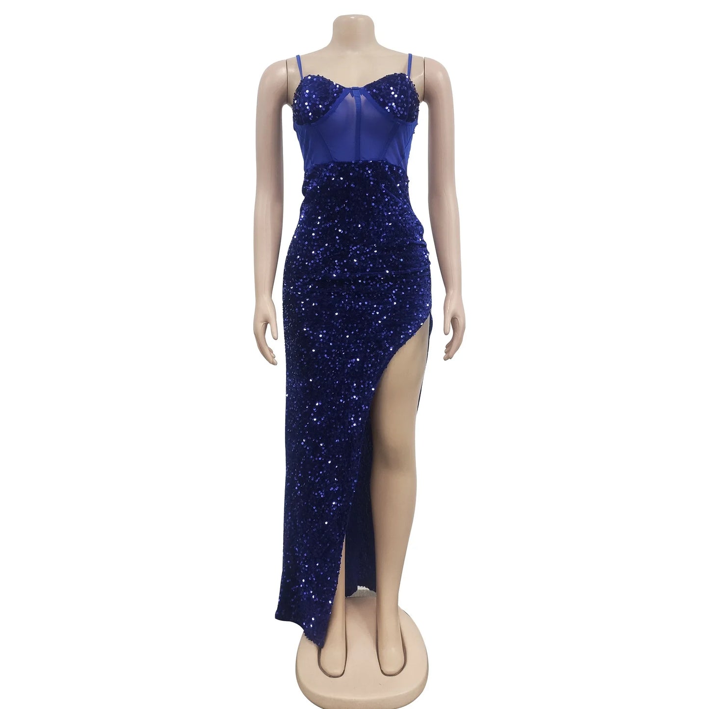 Sexy Sweetheart Spaghetti Straps Mesh Perspective Irregular Split Sequined Long Dress