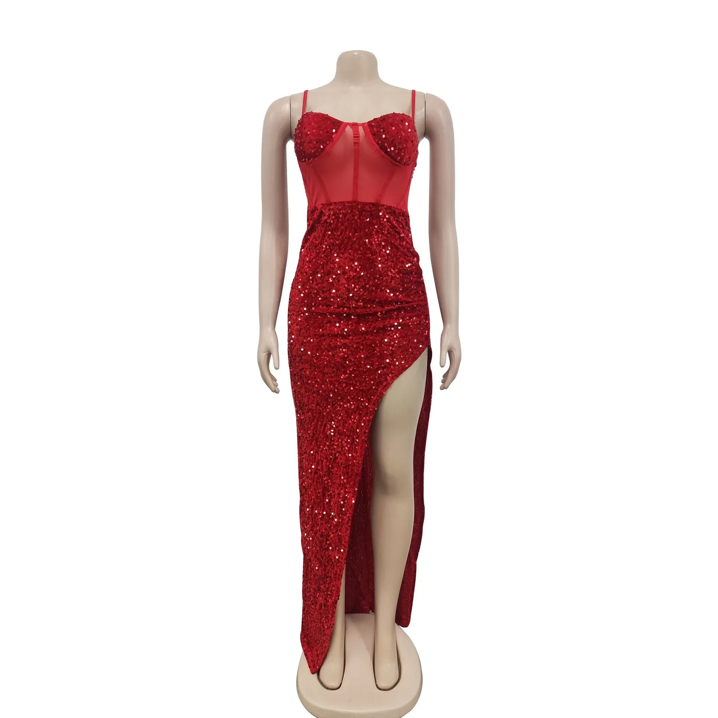 Sexy Sweetheart Spaghetti Straps Mesh Perspective Irregular Split Sequined Long Dress