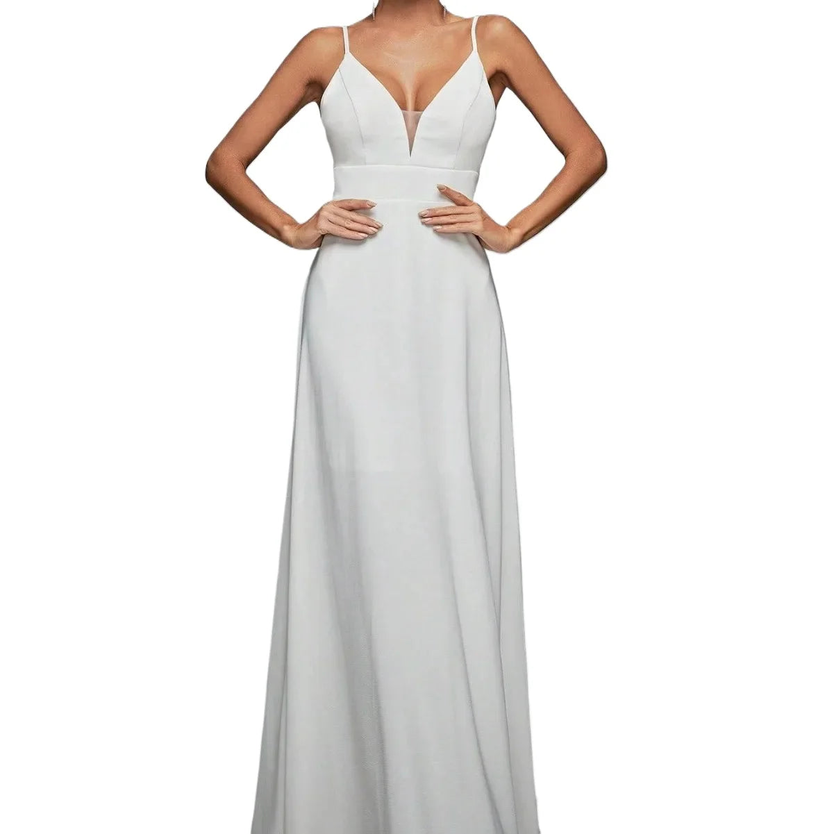 Sexy V-neck Backless Spaghetti Straps Formal Evening Dress White