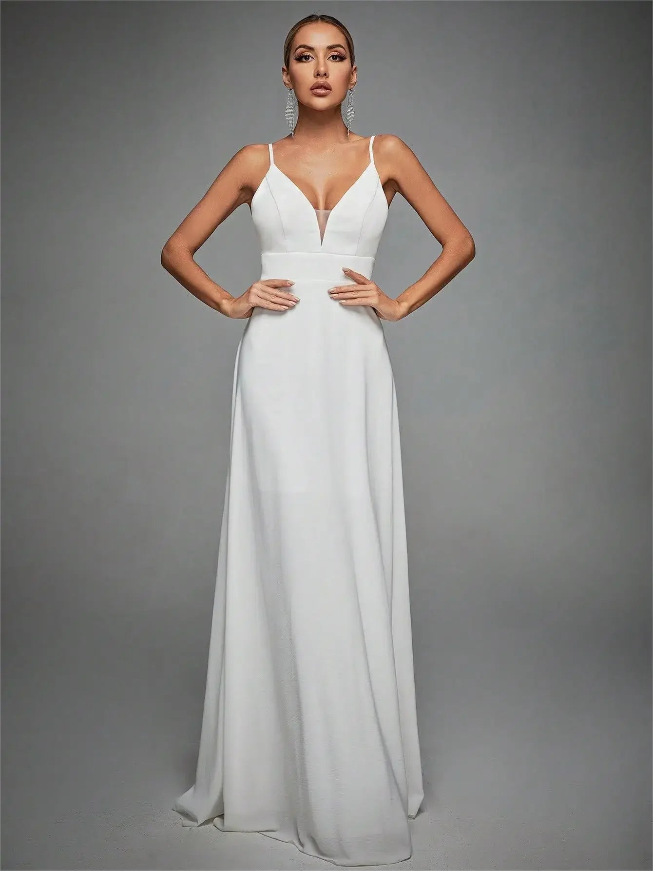 Sexy V-neck Backless Spaghetti Straps Formal Evening Dress White