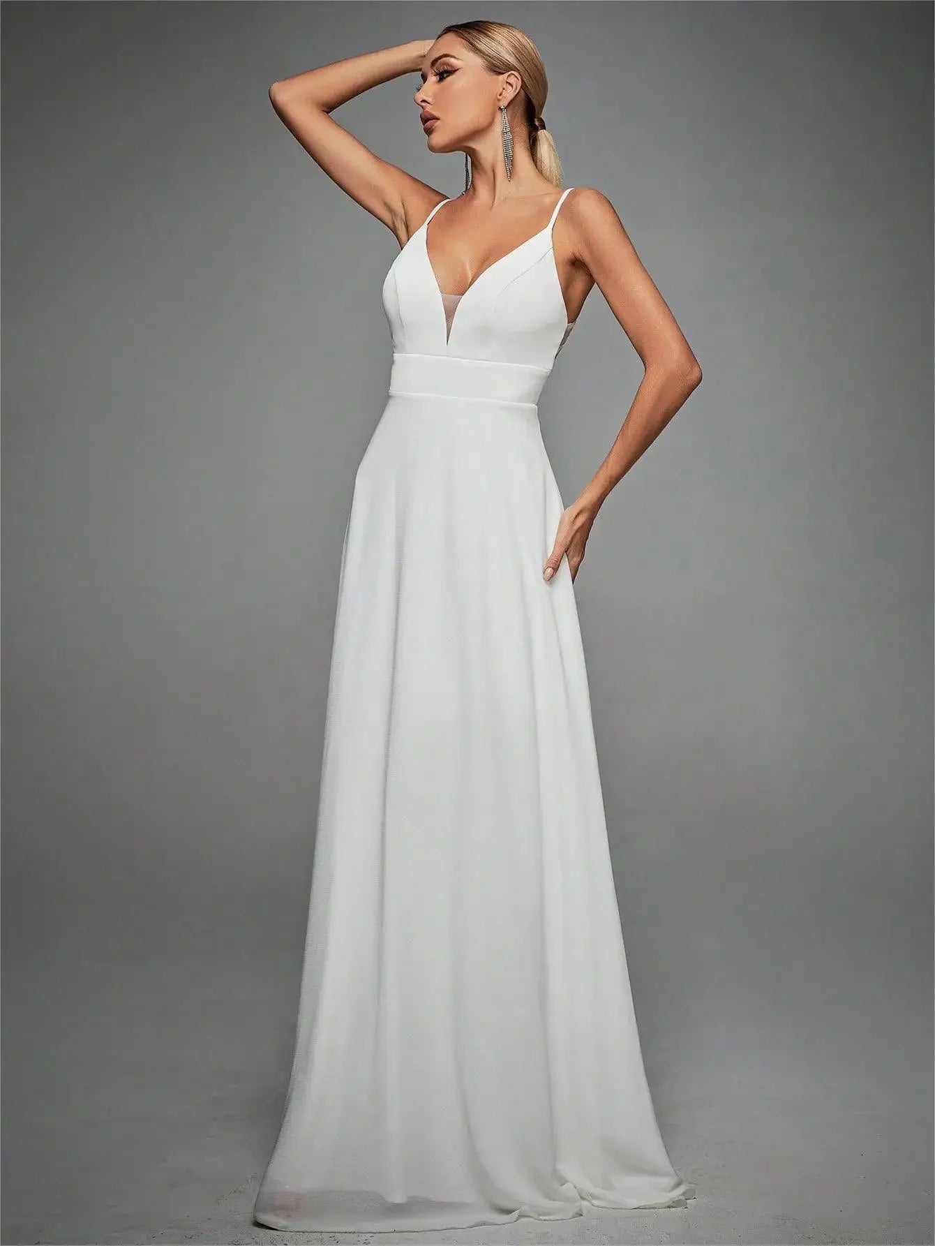 Sexy V-neck Backless Spaghetti Straps Formal Evening Dress White