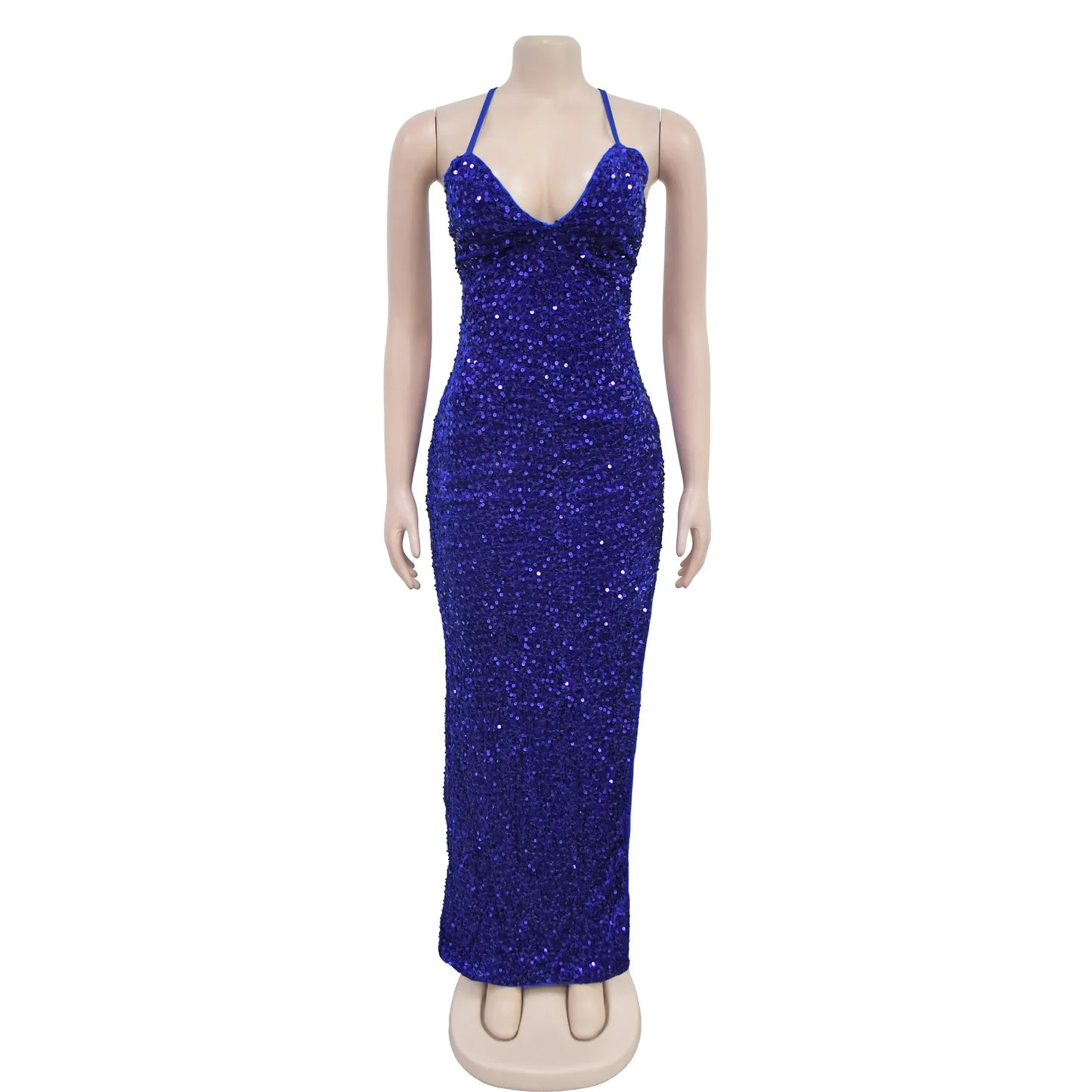 Sexy V-neck Backless Spaghetti Straps Sequined High Split Long Dress