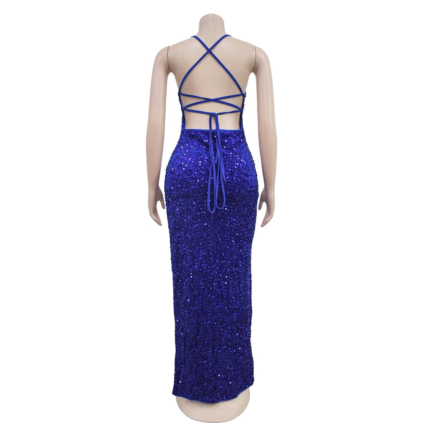 Sexy V-neck Backless Spaghetti Straps Sequined High Split Long Dress