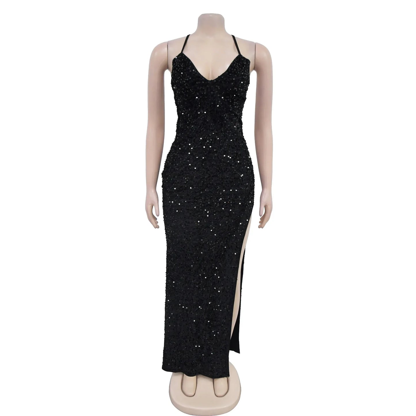 Sexy V-neck Backless Spaghetti Straps Sequined High Split Long Dress