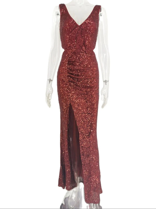 Sexy V-neck Sequined Spaghetti Straps High Split Formal Evening Dress