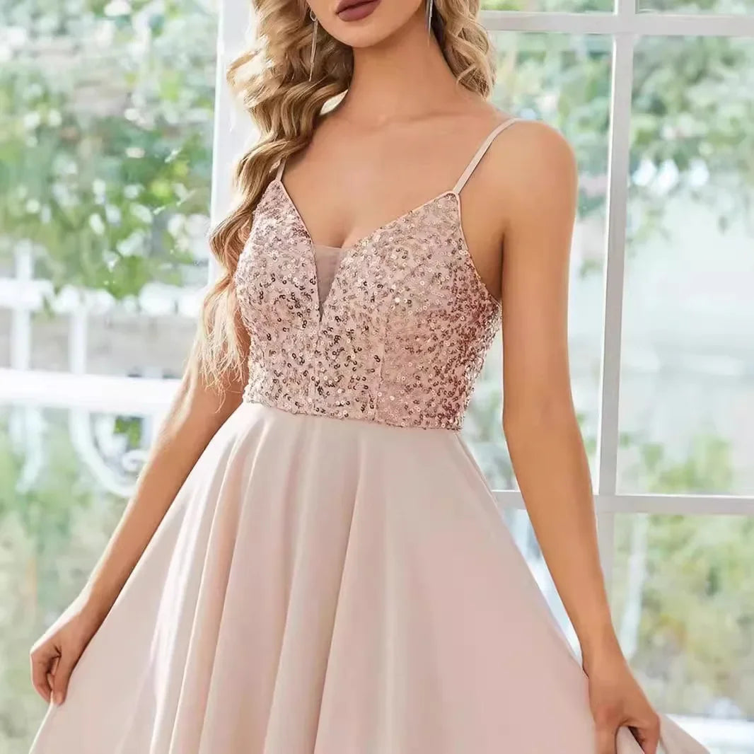 Spaghetti Straps V-neck Sequined Short Prom Homecoming Dress