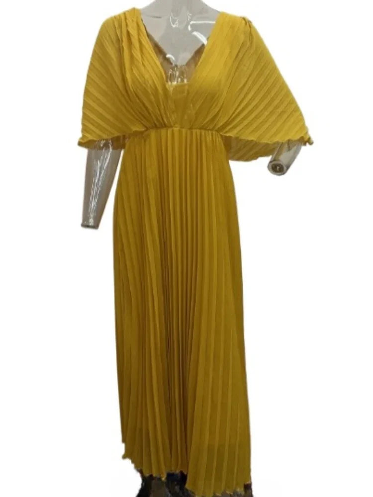 Solid Color V-neck Bat Sleeve Long Pleated Dress