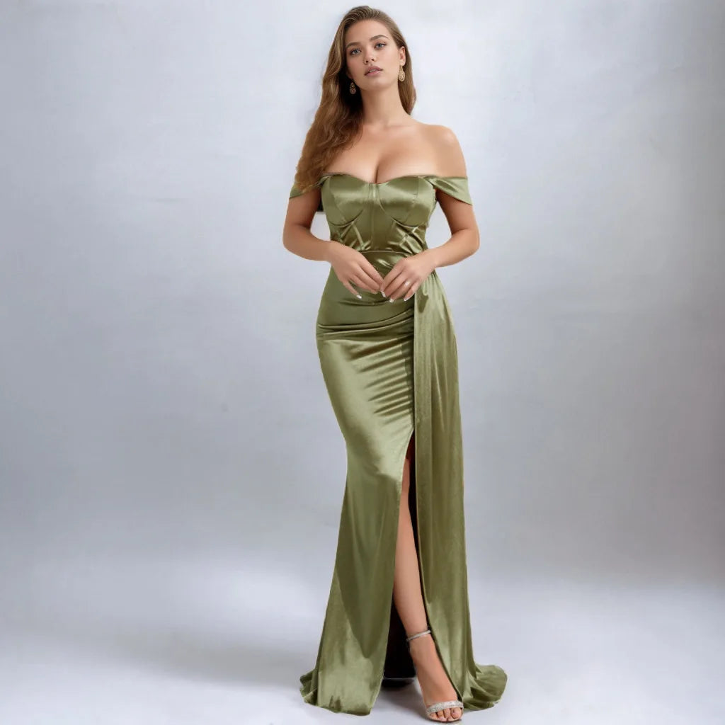 Solid Color Off-shoulder Ruched Sweetheart Mermaid Formal Evening Dress