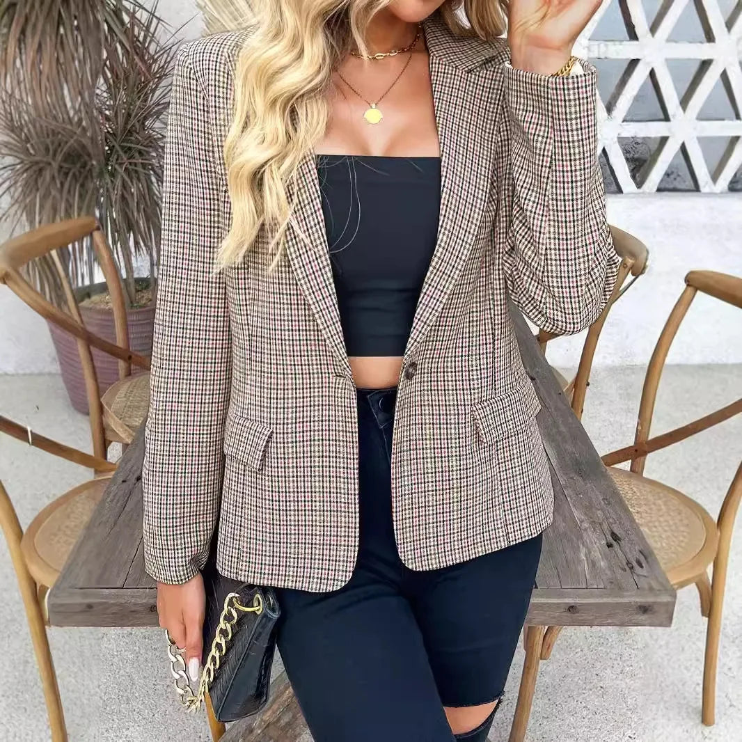 New Plaid Short Slim One Button Long-sleeved Blazer