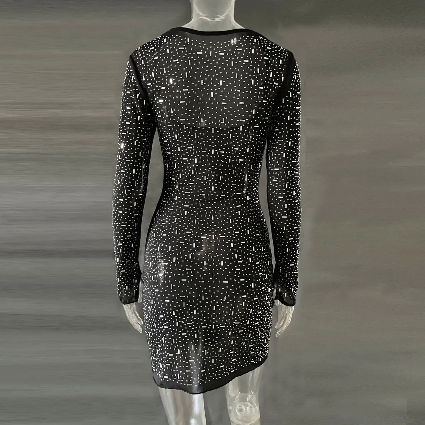 Sequins Diamonds Sexy Semi-perspective Long-sleeved Short Dress