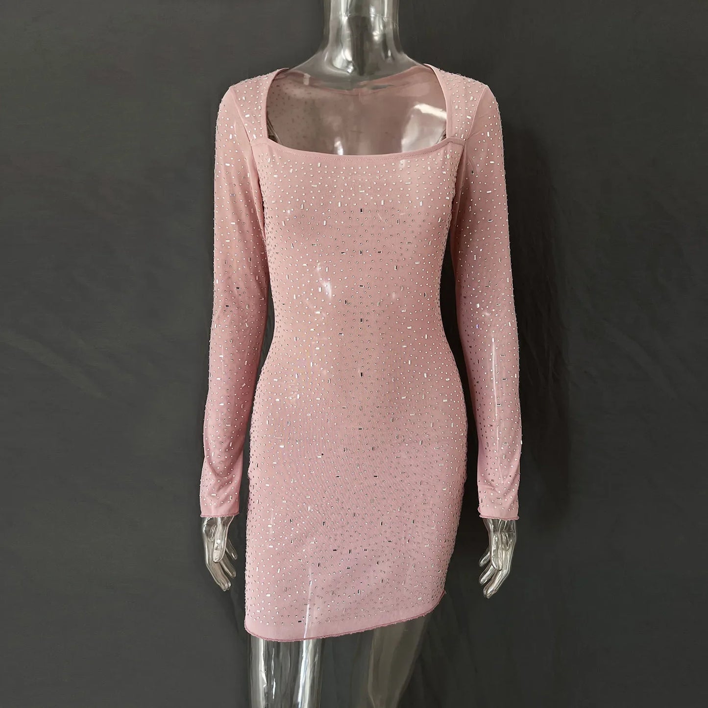 Sequins Diamonds Sexy Semi-perspective Long-sleeved Short Dress